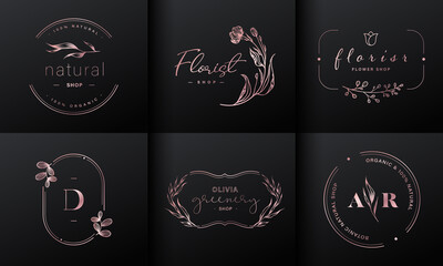 Luxury logo design collection. Rose gold emblems with initials and floral decorative for branding logo, corporate identity and wedding monogram design. - obrazy, fototapety, plakaty