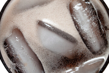 Close up of a soda drink with ice in a glass
