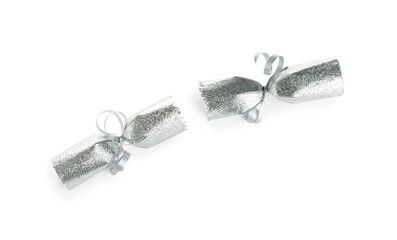 Open silver Christmas cracker isolated on white, top view