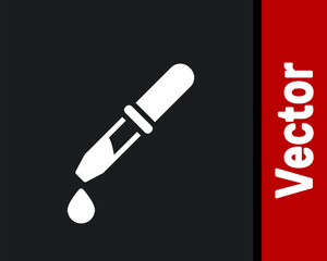 White Pipette icon isolated on black background. Element of medical, chemistry lab equipment. Pipette with drop. Medicine symbol. Vector.