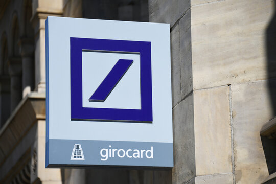Hannover, Lower Saxony, Germany - April 12, 2020: Logo of Deutsche Bank Hanover, Germany - DB is a German multinational investment bank and financial services company