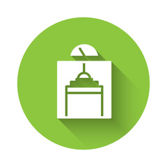White Lift icon isolated with long shadow. Elevator symbol. Green circle button. Vector.