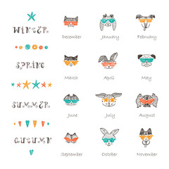 Vector template. Times of year. Four seasons and months, the template for creating a calendar with Doodle Cute Stylish Trendy Hipster Cats, Rabbits and Dogs with Sunglasses
