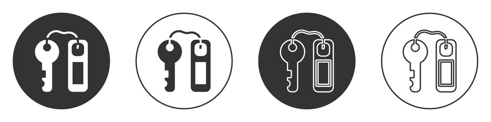 Black Hotel door lock key with number tag icon isolated on white background. Circle button. Vector.