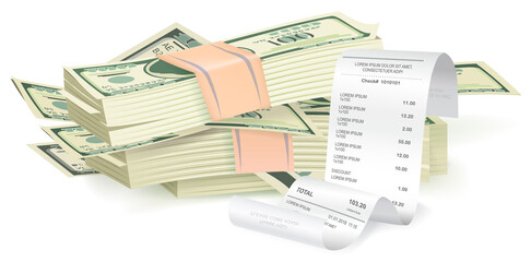 Obraz premium Payment check near a stack of dollars isometric. Buying financial invoice bill and banknotes. Receipt the seller forms at the online checkout for transfer to the buyer or client, paper piece