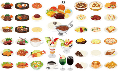 洋食屋の料理イラスト①（お子様ランチ、オムライス、カレーライス、ナポリタン、パフェ）