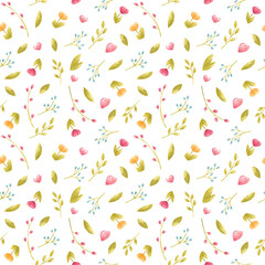 Watercolor seamless floral spring pattern for kids textile with fine pink flower and leaves