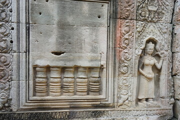 Bas relief at Preah Khan Temple , Angkor Thom, Bayon, Khmer architecture in Siem Reap, Cambodia, Asia, UNESCO World Heritage