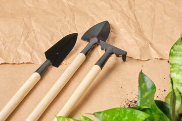 home flowers and floriculture tools abor shovel, rake, scoop, metal tool with wooden handle on...