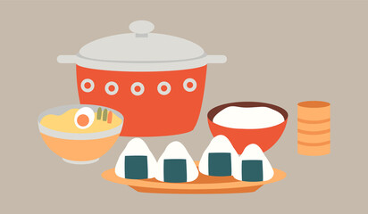 Template for japanese cafe or restaurant. Oriental cuisine dishes flat vector illustration. Demonstration of serving onigiri with nori and rice. Deep bowl of ramen soup isolated on white background