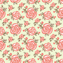 Flowers. Roses. Floral seamless pattern. Vintage background with Rose flower, bud and leaves
