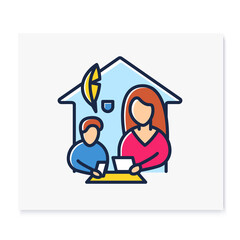 Writing lesson color line icon. Child learns handwriting with mom. Home education concept. Distant remote teaching and homeschooling. Isolated vector illustration 