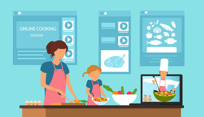 Vector of a mother and a daughter learning recipes online, cooking at home while watching a video of a chef explaining how to prepare food