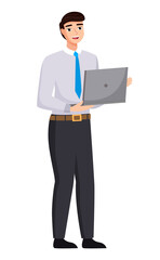 Businessman standing at full height holding opened laptop in his hands vector illustration isolated on white background. Man in formal clothes office worker or business man communicates using laptop