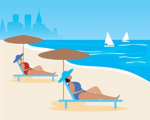 Women sunbathe, seaside resort, flat vector stock illustration, concept beach resort vacation with Sailing yachts, sea