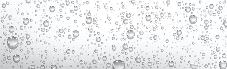 Condensation water drops on grey or silver background. Rain droplets with light reflection on window or glass surface, abstract wet texture, pure aqua blobs pattern, Realistic 3d vector illustration