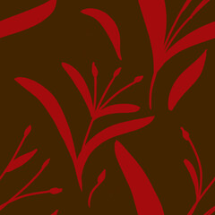 Seamless pattern with hand-drawn plants and branches on brown background. Linen, bedclothing, print, packaging, wallpaper, textile design	
