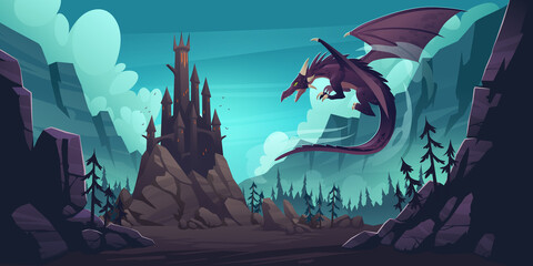 Black spooky castle and flying dragon in canyon with mountains and forest. Vector cartoon fantasy illustration with medieval palace with towers, creepy beast with wings, rocks and pine trees © klyaksun