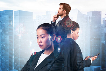 Group of SMM specialists working on social media marketing strategy to achieve business goals. Hologram icons over Singapore background.