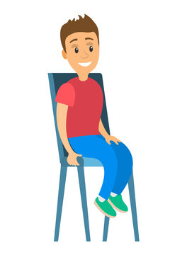 Young Guy Is Sitting On A Chair Vector Illustration. Funny Person With Hands On Knees. Isolated Cartoon Character On White Background. The Patient Boy Holds On To A Leg Of Stool And Waits For A Doctor