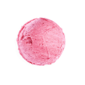 Scoop of delicious pink ice cream isolated on white, top view