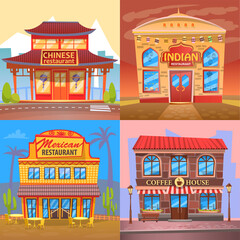 Cuisine of different nationalities vector, building flat style. Exteriors of architecture, japanese and chinese, mexican and indian dishes, coffee house
