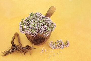 Valerian herb flowers in a mortar and pestle and dried root. Used in herbal medicine to treat...