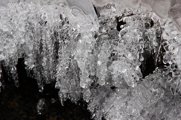 Many small icicles have frozen in the street in the winter