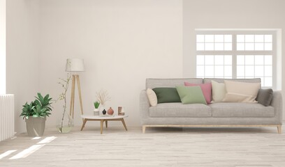 White living room with sofa. Scandinavian interior design. 3D illustration