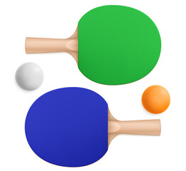 Ping pong rackets and balls, table tennis equipment isolated on white background. Vector realistic set of 3d pingpong balls and blue and green sport paddles with wooden handles in top and bottom view