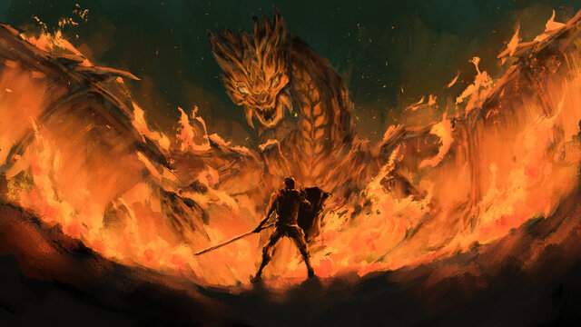 warrior standing confront dragon in the flames,tale monster,creatures of myth and Legend ,digital art, Illustration painting.	