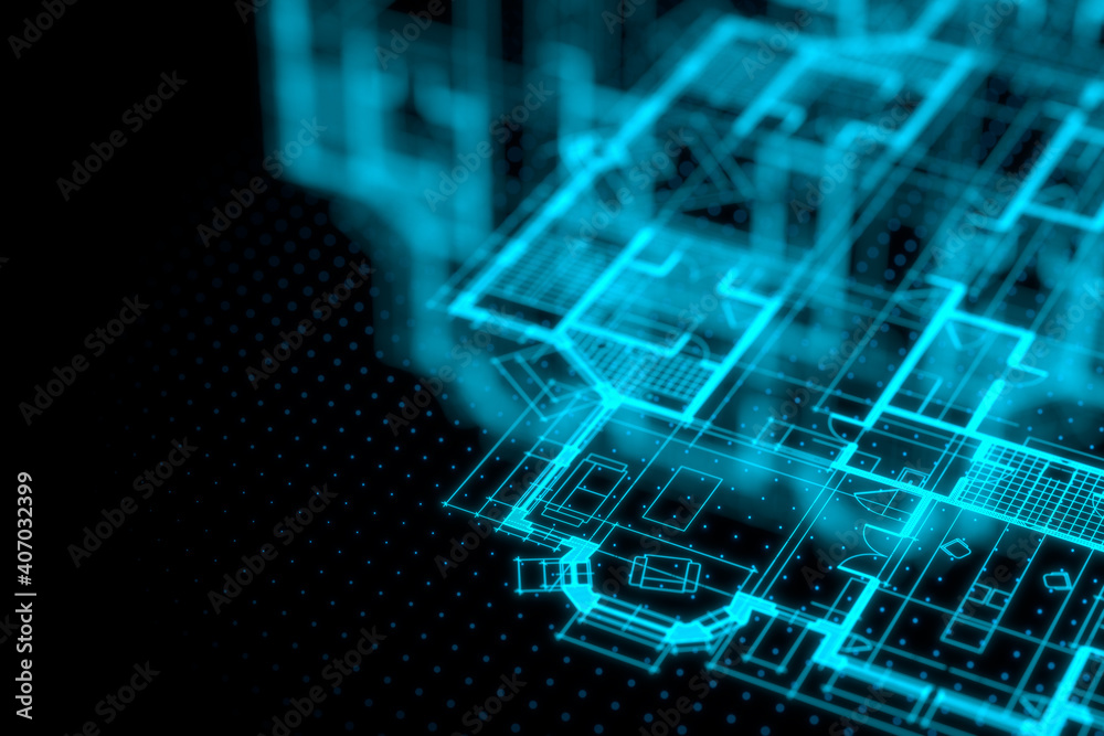 Wall mural architecture blueprint on digital lcd display with reflection. abstract technology background. 3d re