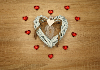 Beautiful wooden background with red hearts. The best Valentine's Day greeting card. I love you! Happy Valentine's Day!