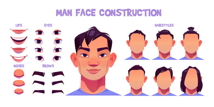 Asian man face construction, avatar creation with head parts isolated onwhite background. Vector cartoon set of male character eyes, noses, hairstyles, brows and lips. Skin pack for face generator