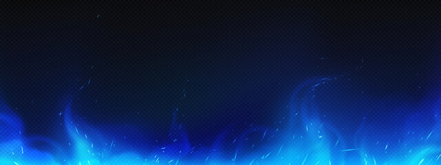 Realistic blue fire or smog border, burning flame with sparkles, bonfire blaze glowing effect, shining magic flare or smoke tongues frame design isolated on black background, .3d vector illustration © klyaksun