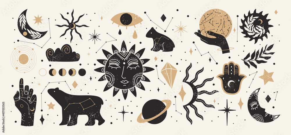 Wall mural collection of mystical and astrology objects in boho style. vector illustration.