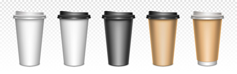 Coffee cups with closed lids, packaging mockup. Blank plastic or paper mugs for hot drinks, street take away cafe utensil for beverages. Realistic 3d vector set isolated on transparent background