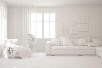 White minimalist living room with sofa. Scandinavian interior design. 3D illustration