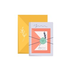 Envelope with stamps isolated on white backgound. Icon for delivery letter, correspondence, postal service. Hand made gift or present with craft paper letter, ribbon, branches.  Flat vector