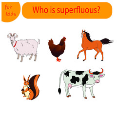 A game for children. Find an extra animal. Goat, chicken, horse, cow, squirrel Vector illustration isolated on white background
