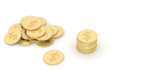 A stack of gold coins and silver coins represents the profit and strategy of the business operation on a white background. 3d rendering