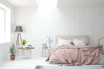 White stylish  bedroom interior. Scandinavian design. 3D illustration