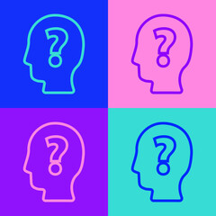 Pop art line Human head with question mark icon isolated on color background. Vector.