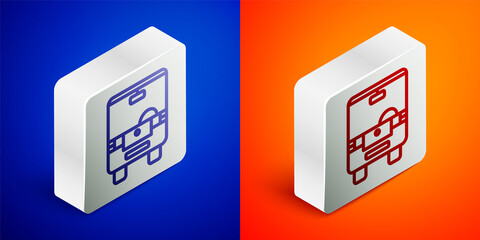 Isometric line Bus icon isolated on blue and orange background. Transportation concept. Bus tour transport sign. Tourism or public vehicle symbol. Silver square button. Vector.