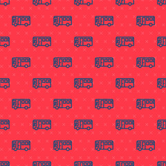 Blue line Bus icon isolated seamless pattern on red background. Transportation concept. Bus tour transport sign. Tourism or public vehicle symbol. Vector.