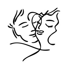 girl and a guy. vector. A happy couple - a woman and a man in love. Drawing a contour line. Two heads in profile.