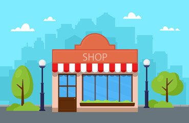 Obraz premium Storefront building in city. Shop facade. Vector illustration flat cartoon style.