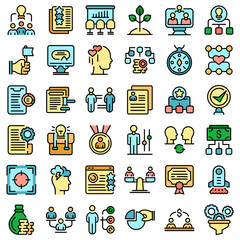 Contribute work icons set. Outline set of contribute work vector icons thin line color flat on white