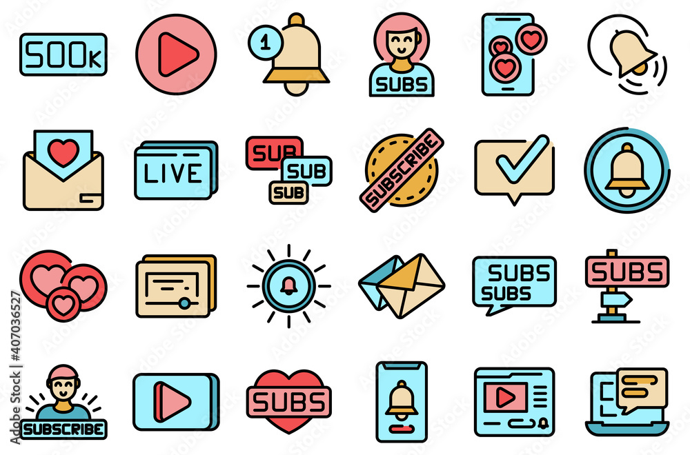 Sticker Subscribe icons set. Outline set of subscribe vector icons thin line color flat on white