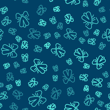 Green line Clothes moth icon isolated seamless pattern on blue background. Vector.